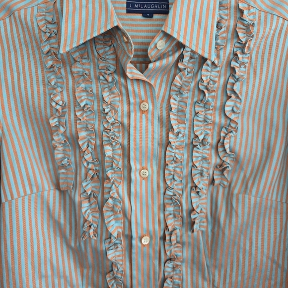 J McLaughlin Button Down Shirt Blue Orange Stripe Ruffle Front Cotton Sz 4 - Picture 5 of 12